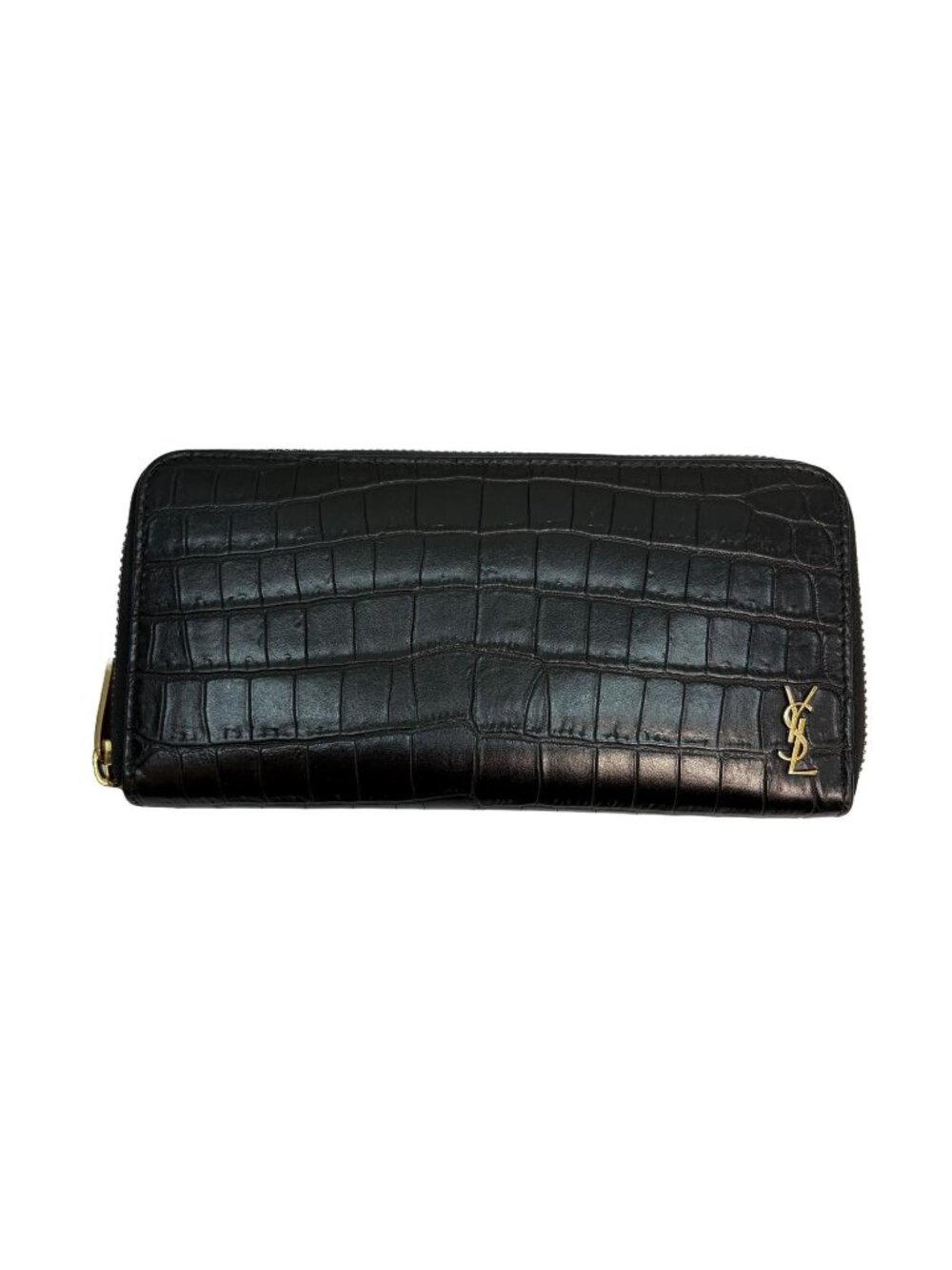 Saint Laurent Croco Embossed Round Wallet Black Leather